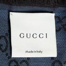 Pre Owned Gucci Navy Blue & Brown Wool & Silk Monogram Scarf