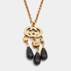 Gucci GG Crystals Resin Gold Tone Pendant Necklace