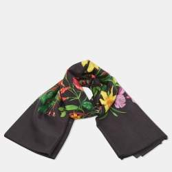 Gucci Black Flora Printed Cotton Scarf