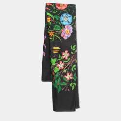 Gucci Black Flora Printed Cotton Scarf