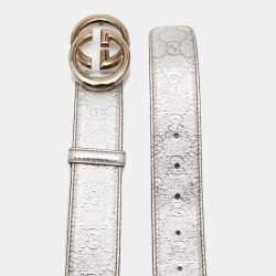 Pre Owned Gucci Silver Guccissima Leather Interlocking G Buckle Belt 85CM