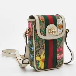 Pre Owned Gucci Beige GG Supreme Ophidia Floral Phone Crossbody Bag