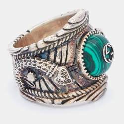 Pre Owned Gucci Silver Green Enamel Snake Garden Ring Size 54.5