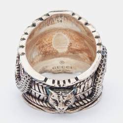 Pre Owned Gucci Silver Green Enamel Snake Garden Ring Size 54.5