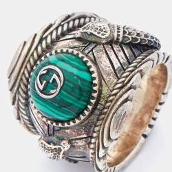 Pre Owned Gucci Silver Green Enamel Snake Garden Ring Size 54.5