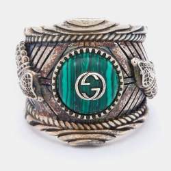 Pre Owned Gucci Silver Green Enamel Snake Garden Ring Size 54.5