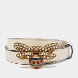 Pre Owned Gucci Off White Leather Queen Margaret Bee Slim Belt 85CM