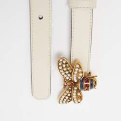 Pre Owned Gucci Off White Leather Queen Margaret Bee Slim Belt 85CM