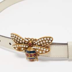 Pre Owned Gucci Off White Leather Queen Margaret Bee Slim Belt 85CM