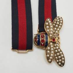 Pre Owned Gucci Navy Blue/Red Elastic Band Queen Margaret Belt 75CM