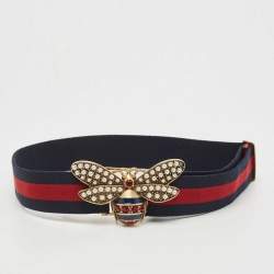 Pre Owned Gucci Navy Blue/Red Elastic Band Queen Margaret Belt 75CM