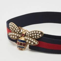 Pre Owned Gucci Navy Blue/Red Elastic Band Queen Margaret Belt 75CM