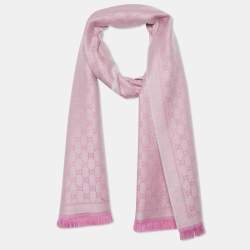 Pre Owned Gucci Rose and Ivory Guccissima Wool Jacquard Fringed Outlet Shawl