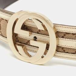 Gucci White/Beige GG Canvas and Leather Interlocking G Belt 90CM
