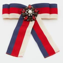 Gucci White, Blue & Red Web Crystal Grosgrain Bow Brooch