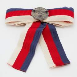 Gucci White, Blue & Red Web Crystal Grosgrain Bow Brooch