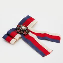 Gucci White, Blue & Red Web Crystal Grosgrain Bow Brooch