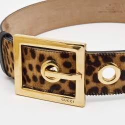 Pre Owned Gucci Beige/Black Leopard Print Calfhair and Leather Wide Buckle Belt 70CM