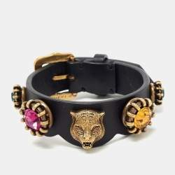 Gucci Feline Crystals Gold Tone Leather Bracelet