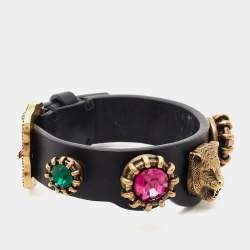 Gucci Feline Crystals Gold Tone Leather Bracelet