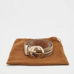 Gucci White/Beige Leather and Canvas Web Interlocking G Buckle Belt 85CM