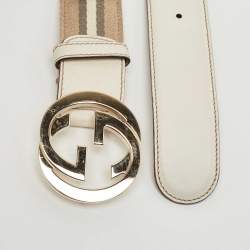 Gucci White/Beige Leather and Canvas Web Interlocking G Buckle Belt 85CM