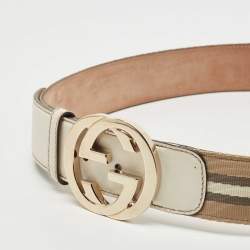 Gucci White/Beige Leather and Canvas Web Interlocking G Buckle Belt 85CM