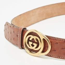 Gucci Brown Ostrich Leather Interlocking G Belt 90CM