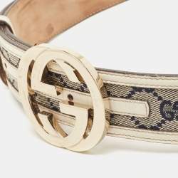 Gucci White/Blue GG Canvas and Leather Interlocking G Buckle Belt 85CM