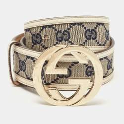 Gucci White/Blue GG Canvas and Leather Interlocking G Buckle Belt