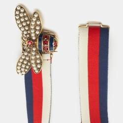 Gucci Tri Color Fabric Web Queen Margaret Bee Buckle Waist Belt 75CM