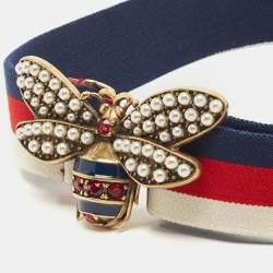 Gucci Tri Color Fabric Web Queen Margaret Bee Buckle Waist Belt 75CM