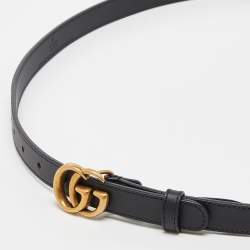 Pre Owned Gucci Black Leather Double G Buckle Slim Belt 105 CM