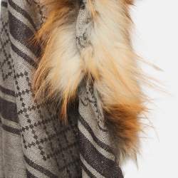 Pre Owned Gucci Brown Fur Timmed GG Jacquard Wool & Silk Shawl