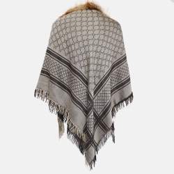 Pre Owned Gucci Brown Fur Timmed GG Jacquard Wool & Silk Shawl