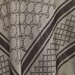 Pre Owned Gucci Brown Fur Timmed GG Jacquard Wool & Silk Shawl
