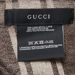 Pre Owned Gucci Brown Fur Timmed GG Jacquard Wool & Silk Shawl