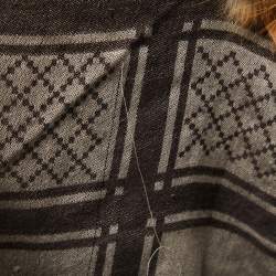 Pre Owned Gucci Brown Fur Timmed GG Jacquard Wool & Silk Shawl