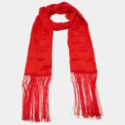 Gucci Red GG Pattern Silk Fringed Stole