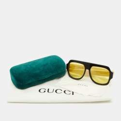 Pre Owned Gucci Black Webstripe/Yellow GG0256S Rectangle Sunglasses