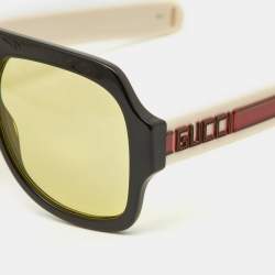 Pre Owned Gucci Black Webstripe/Yellow GG0256S Rectangle Sunglasses
