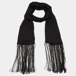 Gucci Black GG Pattern Silk Fringed Stole 