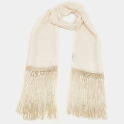 Pre Owned Gucci Ivory Patterned Silk Fringed Stole