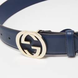 Gucci Navy Blue Leather Interlocking G Buckle Belt 75CM