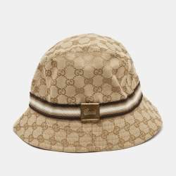 Gucci Beige Logo Monogram Web Detail GG Canvas Bucket Hat S