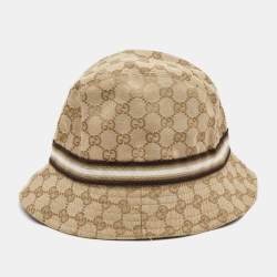 Gucci Beige Logo Monogram Web Detail GG Canvas Bucket Hat S
