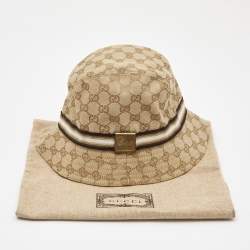 Gucci Beige Logo Monogram Web Detail GG Canvas Bucket Hat S