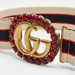 Gucci Red/Off White Logo Elastic Band Double G Crystals Belt 95CM