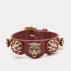 Pre Owned Gucci Feline Crystals Gold Tone Leather Bracelet