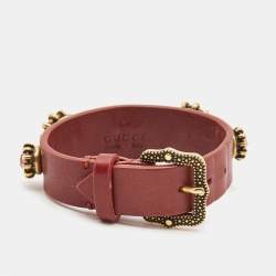 Pre Owned Gucci Feline Crystals Gold Tone Leather Bracelet